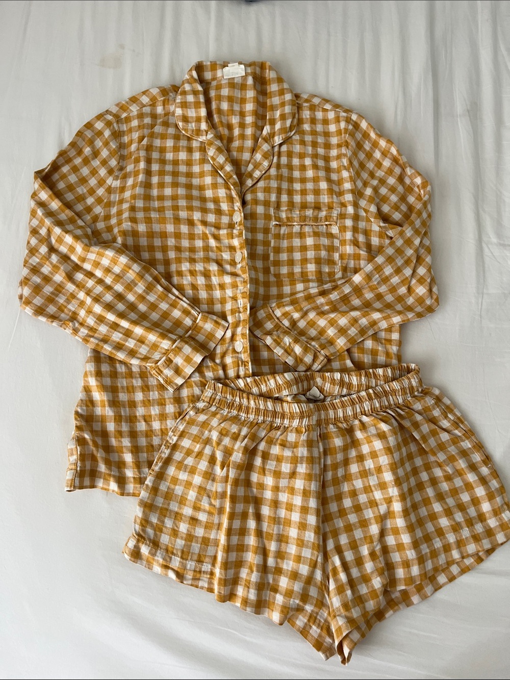 Women's linen mustard Yellow Gingham Pajama Set piglet in bed